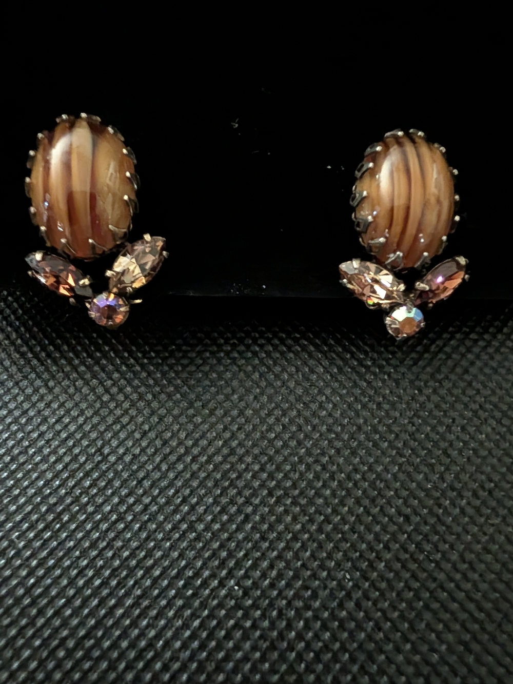 Brown Glass Cabochon and Crystal Clip-on Earrings